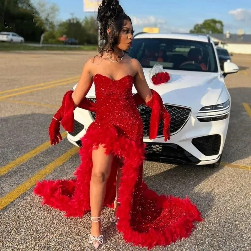 Sparkly Red Mermaid Prom Dresses For Black Girl 2024 Sweetheart Sexy Front Split With Wrap Vestidos De Fiesta Evening Occasion G