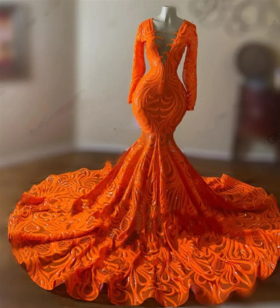 Luxury Orange O Neck Long Prom Dress For Black Girls Appliques Birthday Party Gown Mermaid Celebrity Dresses