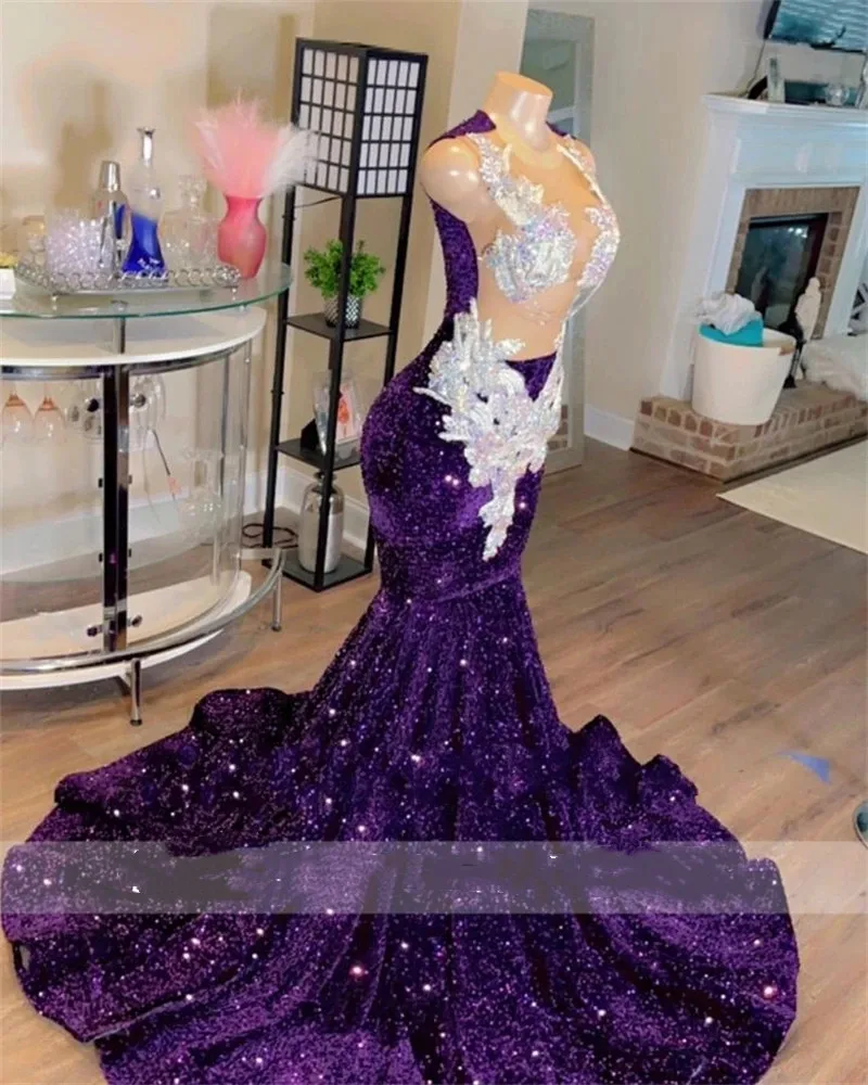 Grape Sheer O Neck Long Prom Dress For Black Girls Sparkly Sequined Birthday Party Dresses Beaded Appliques Evening Gowns