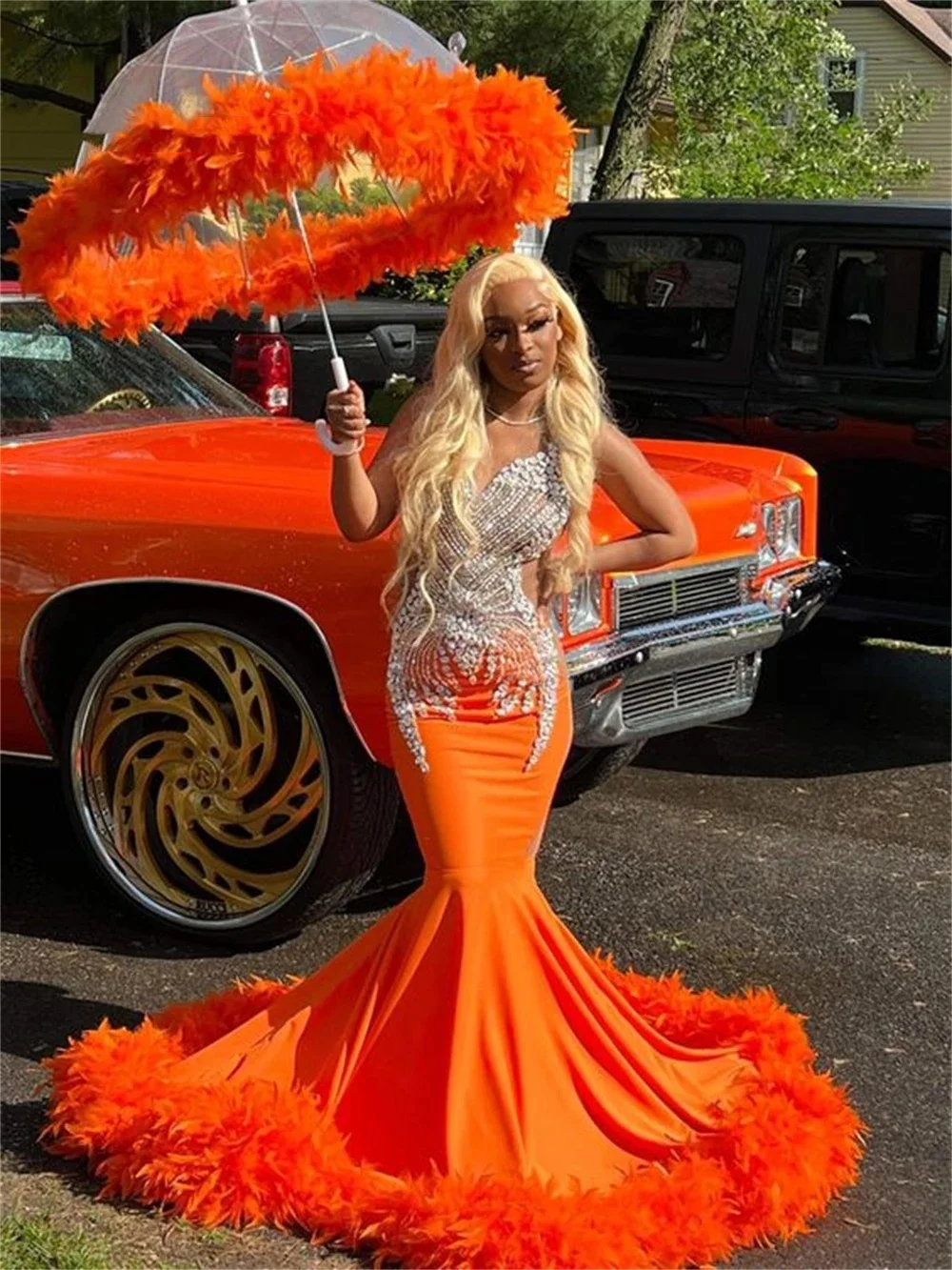 Orange Crystal Orange Feathers Long Prom Dresses For Black Girls 2024 African Mermaid Birthday Evening Party Gown Robe De Soiree