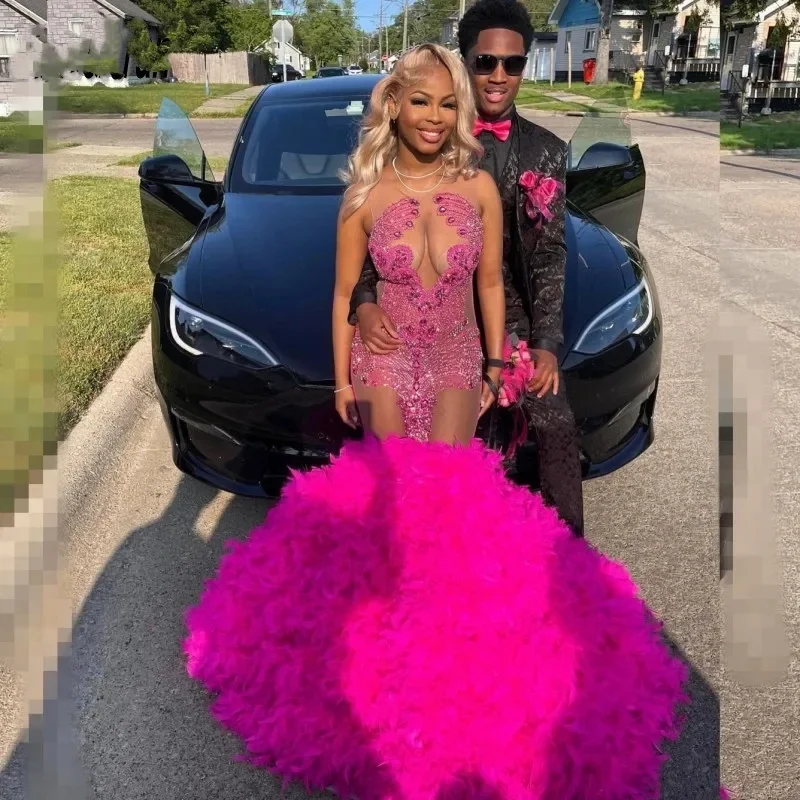 Hot Pink Prom Dress For Black Girls 2024 Rhinestone Feathers Mermaid Party Gowns See Through Top Vestidos De Festa