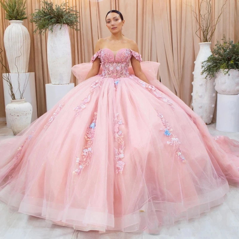 Mexico Pink Sweetheart Ball Gown Quinceanera Dress For Girls Beaded Appliques Lace Tull Birthday Party Gowns Prom Sweet vestidos