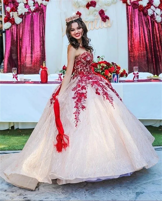 Red Princess Ball Gown Quinceanera Dress Sweetheart Sleeveless Sweet 16 Party Dresses Vestidos De 15 Anos