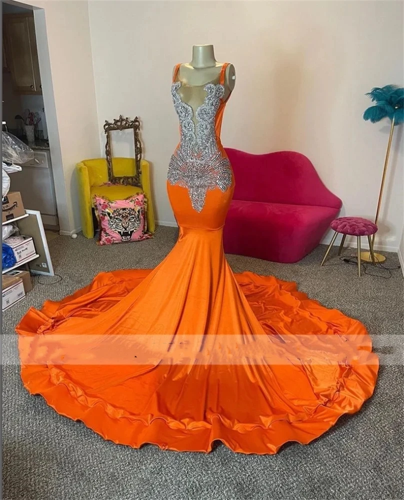 Sexy Crystal Bead Orange Long Prom Dresses 2024 For Black Girl Mermaid Birthday Party Dress Evening Gown Robe De Bal