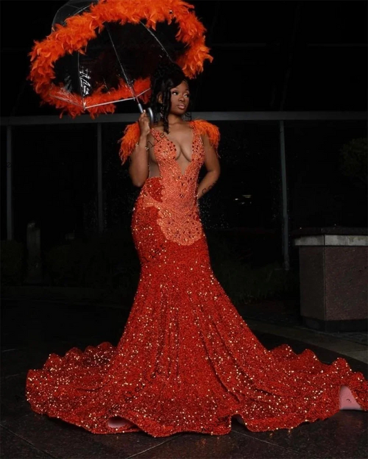 Elegant 2024 Orange Sequined Mermaid Prom Dresses With Crystal Beading Feathers Shoulder Brithday Part y Gowns For Black Girl