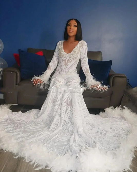 White Prom Dresses For Black Girls V Neck Rhinestone Sequin Party Gowns Long Sleeves Feathers