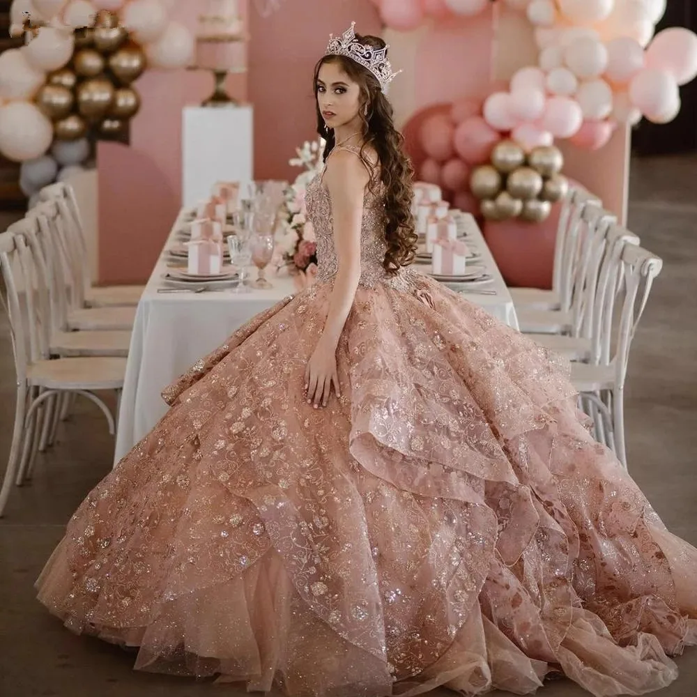 Formal Rose Champagne Quinceanera Dresses Lace Applique Sequin Vestidos De 15 Anos Sweet 16 Ball Gown Prom Dress Lace-up Back