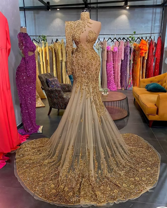 Mermaid Gold Lace Evening Dresses Sheer Long Sleeeves Plus Size Formal Prom Occasion Gowns