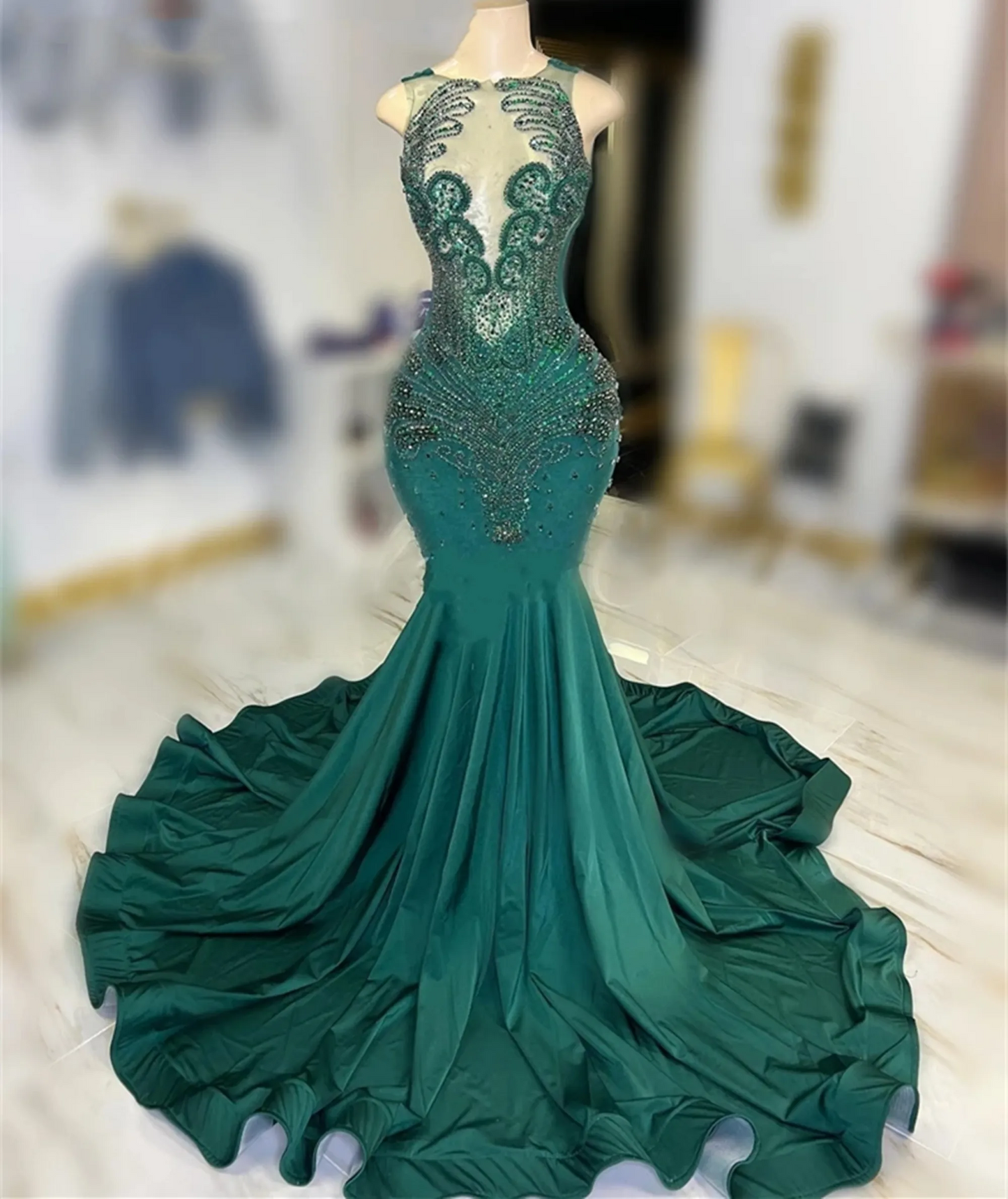 Emerald Green Luxury Prom Dresses Crystal Beads Mermaid Girls Senior Graduation Party Gowns New Goegeous Evening Maxi