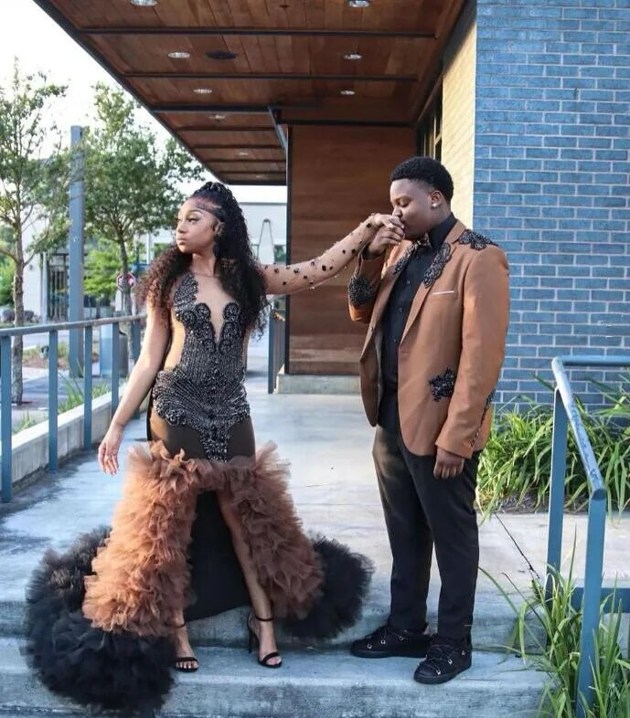 Black Brown African Long Prom Dress for Women Luxury Black Diamond Crystal Ruffles Train Black Girl Birthday Queen Gown