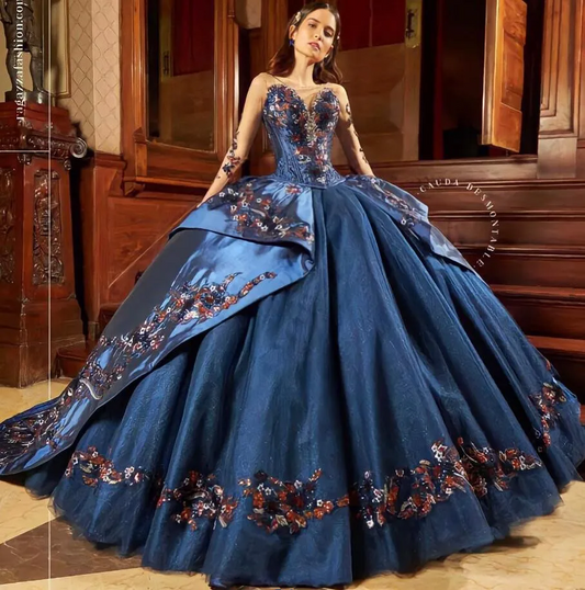 Mexican Navy blue Quinceanera Dresses long sleeve Flowers Lace Appliques Rhinestones Sweet 16 Dress Vestido De 15 Anos lace up