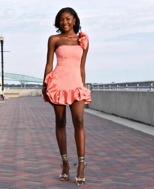 Blush Pink Short Prom Homecoming Dresses One Shoulder Ruffles Black Girl Birthday Party Gown vestidos de gala mujer