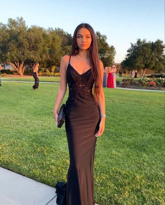 Black lace prom dresses long evening dress