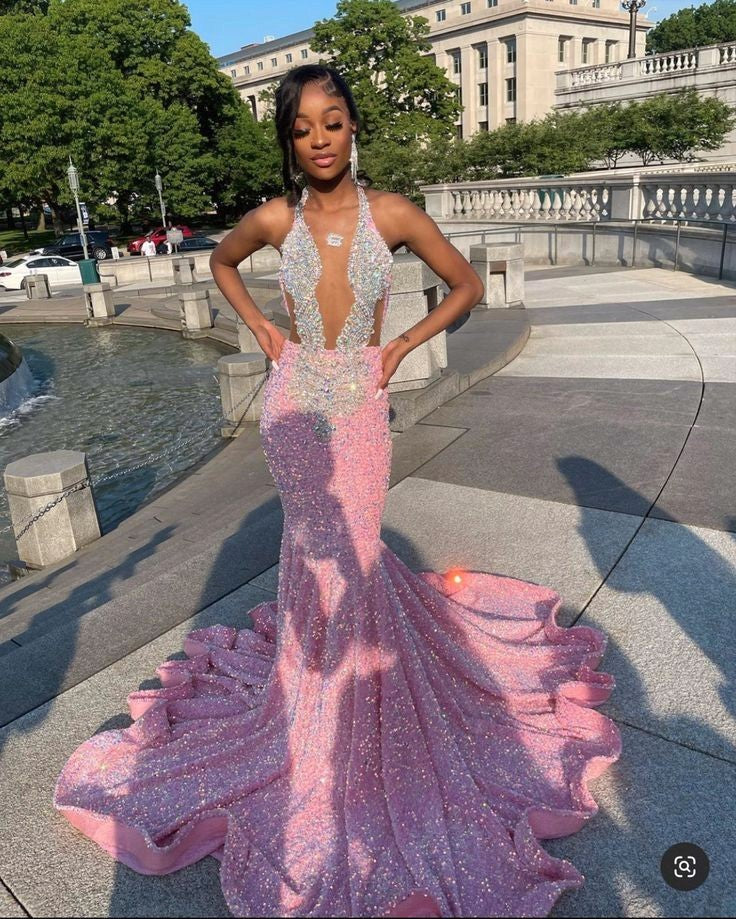 Sparkling pink prom dresses, Sexy sequins mermaid pink prom pageant evening homecoming gown