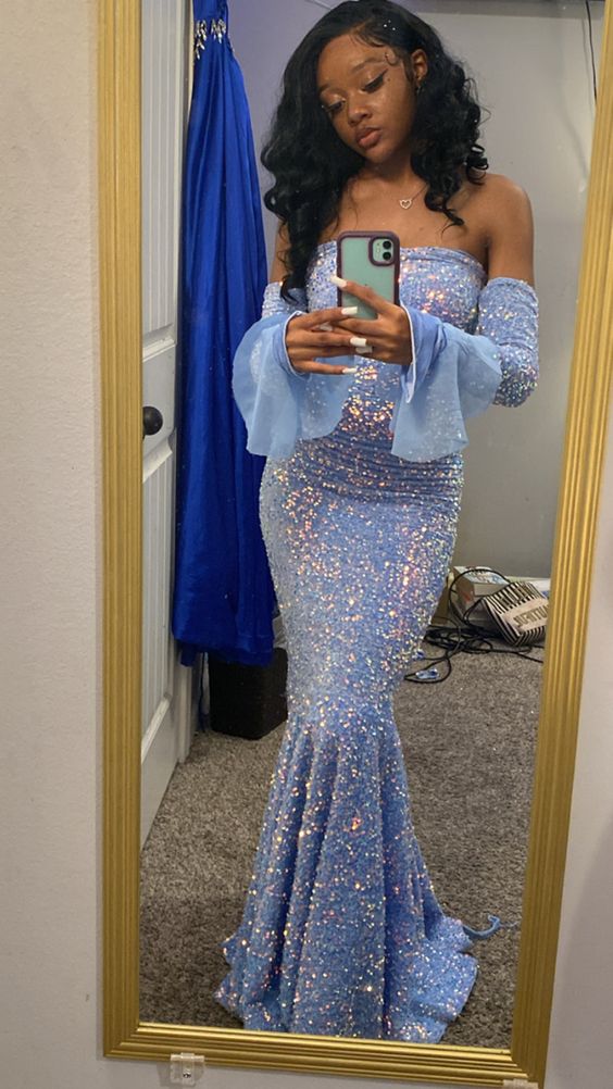 Sheath Sequins Blue Prom Dresses