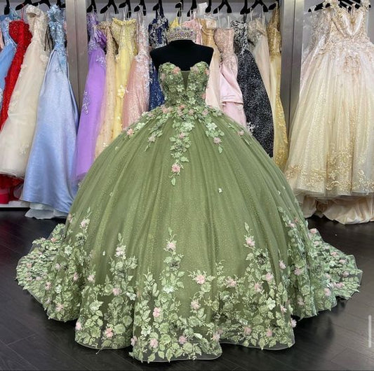 A-line Green Tulle Ball Gown Puffy Sweet 16 Dress 3D Flowers Birthday Dress