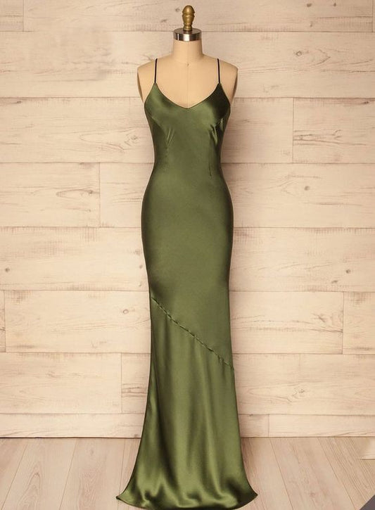 Spaghetti Straps Olive Green Sheath Prom Dresses