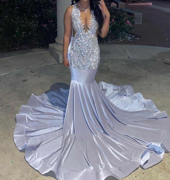 2024 Shinning silver mermaid prom dress with train