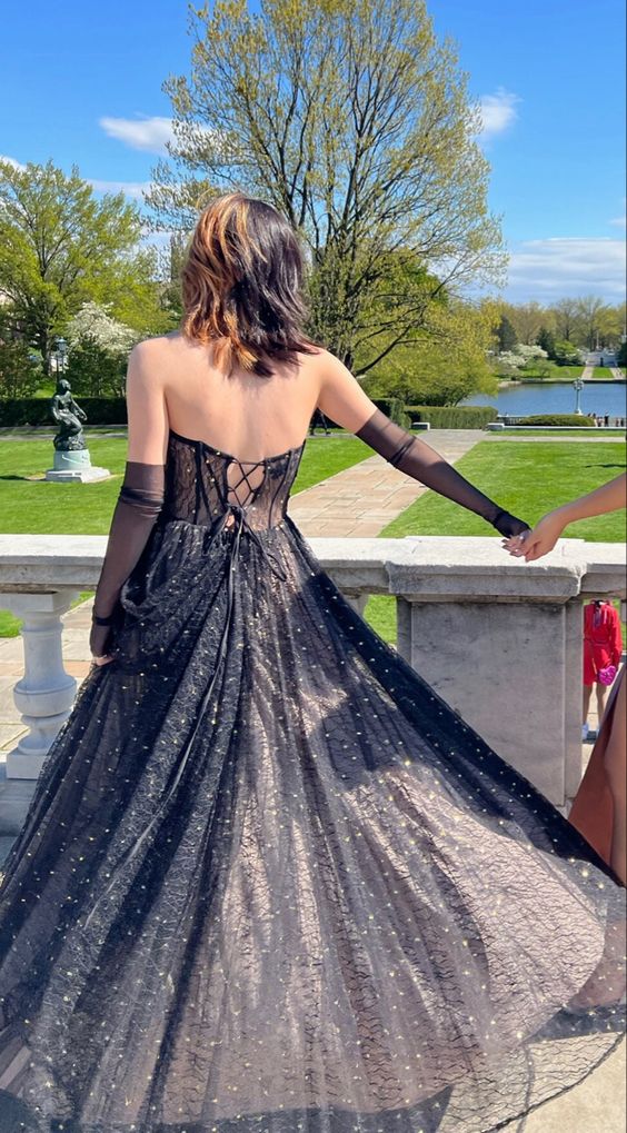 strapless black sparkly layered prom dress,chic black prom gown