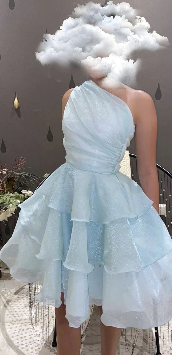 2024 Tulle One Shoulder A Line Short Prom Dresses Homecoming Dresses