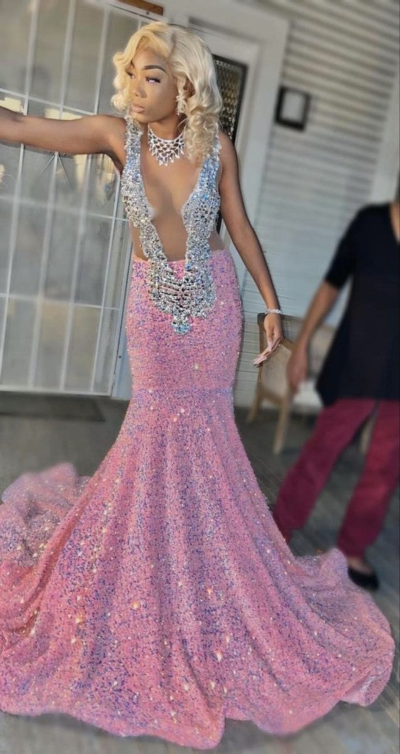 Sparkling pink prom dresses, Sexy sequins mermaid pink prom pageant evening homecoming gown