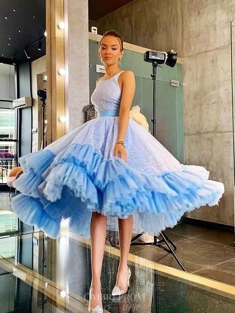 Round Neck Blue Shiny Cake Dresses, Ruffled Prom Dresses, Prom Dresses, Affordable Prom Dresses