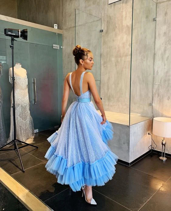 Round Neck Blue Shiny Cake Dresses, Ruffled Prom Dresses, Prom Dresses, Affordable Prom Dresses