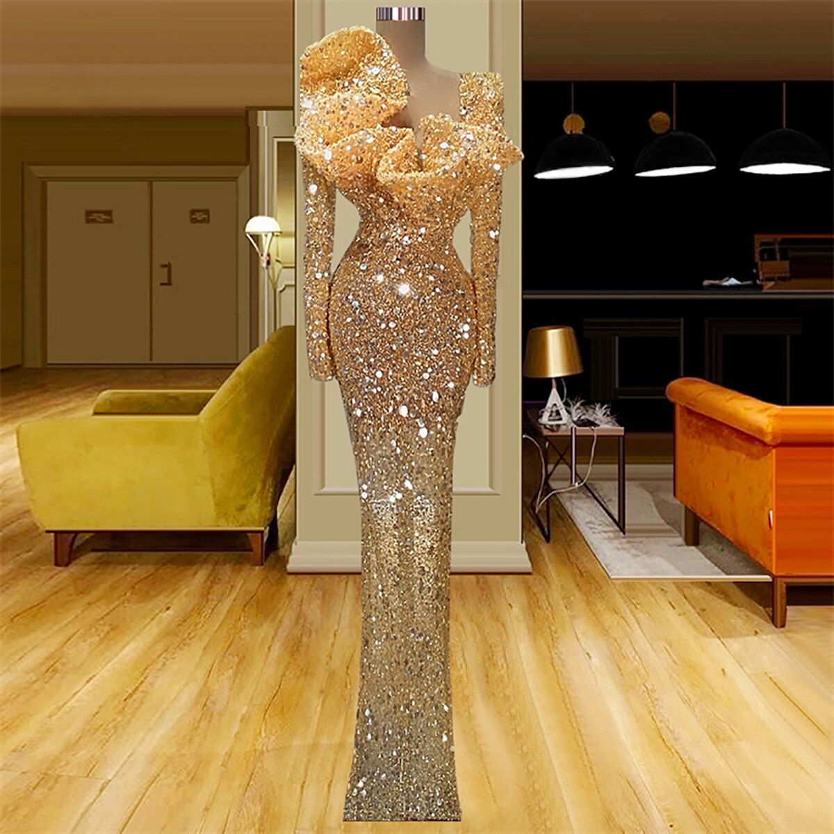 Arabic Mermaid Prom Dresses Sparkly Sequins Long Sleeves Evening Formal Party Second Reception Birthday Engagement Gowns فستان