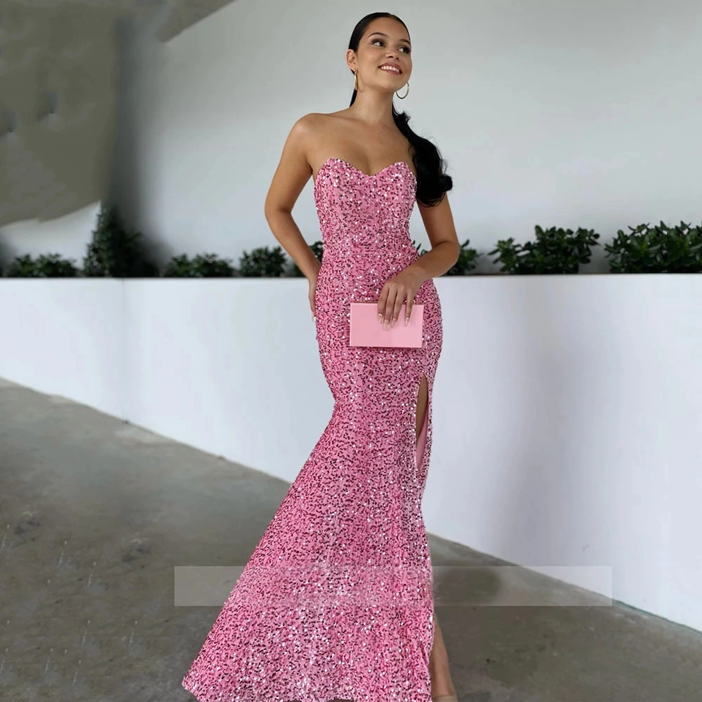 Pink Strapless Mermaid Evening Gowns Formal Sparkling Sequin Velvet Sexy Party Prom Dresses Robe De Soiree Femme