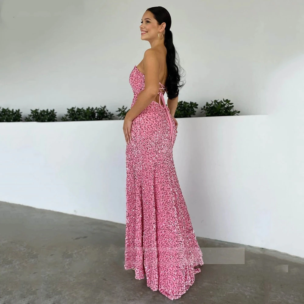 Pink Strapless Mermaid Evening Gowns Formal Sparkling Sequin Velvet Sexy Party Prom Dresses Robe De Soiree Femme