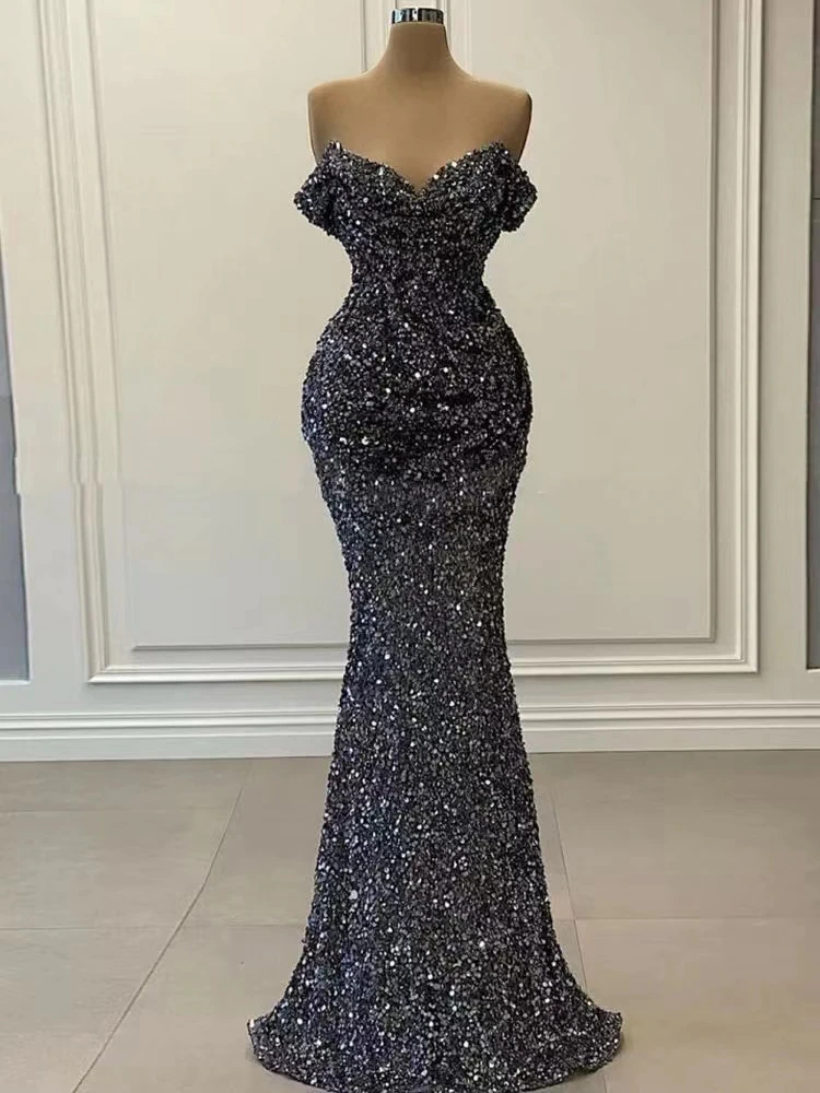 Gorgeous Sequin Sexy Strapless Mermaid Evening Dresses Sparkle V-Neck Custom Party Dress