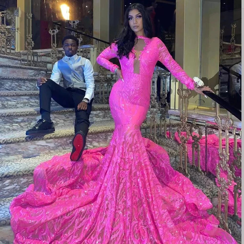 Fuchsia Mermaid Long Prom Dresses African Black Girl Full Sleeves Sparkly Sequin Lace Luxury Party Evening Formal Gowns