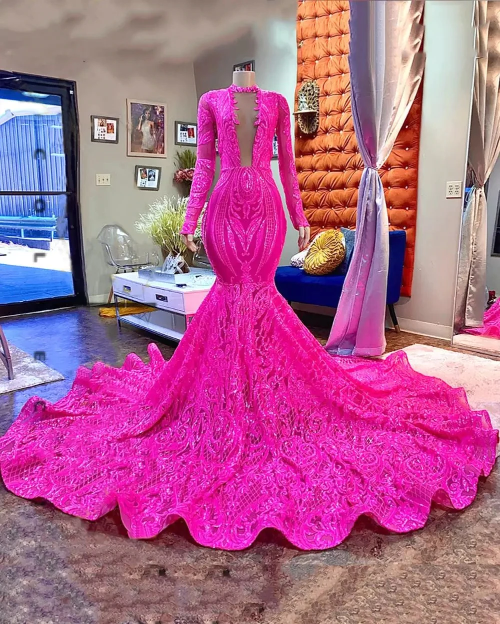 Fuchsia Mermaid Long Prom Dresses African Black Girl Full Sleeves Sparkly Sequin Lace Luxury Party Evening Formal Gowns