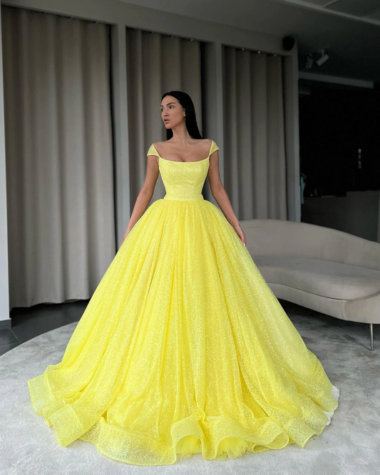 Sparkly Yellow Tulle Prom Dresses Cap Sleeves Square neck A Line Long Evening Party Dress vestido de fiesta de graduación