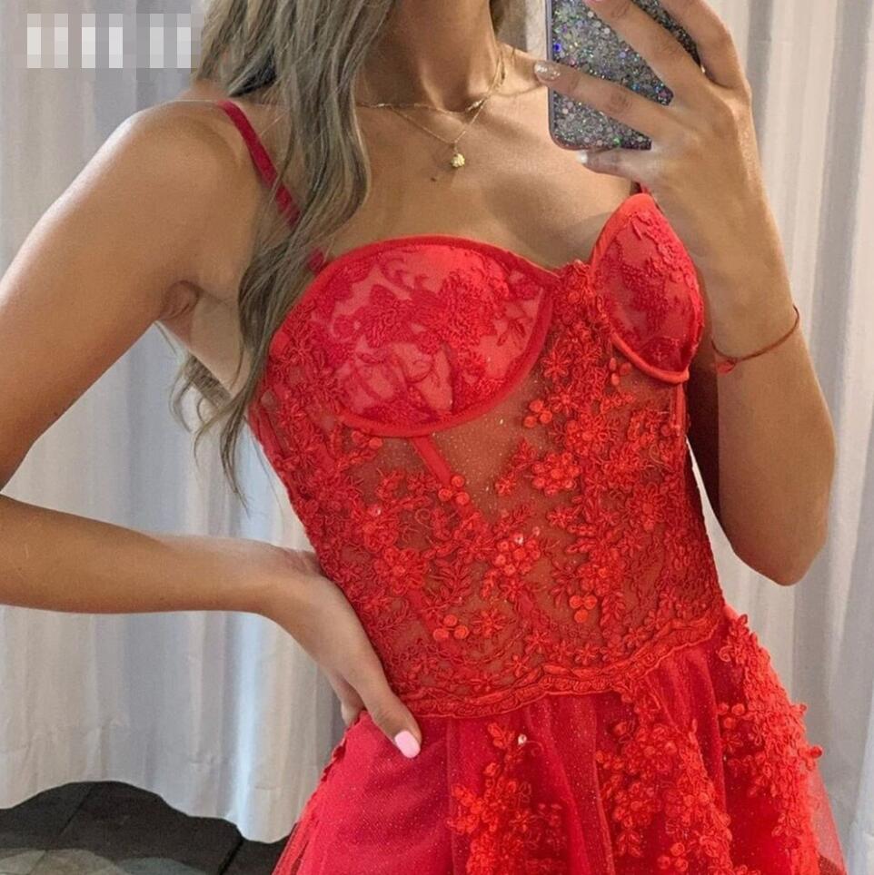 Red Spaghetti Strap Sweetheart Shiny Evening Dresses High Split Long Party Prom Gowns Lace Appliques Vestidos De Fiesta