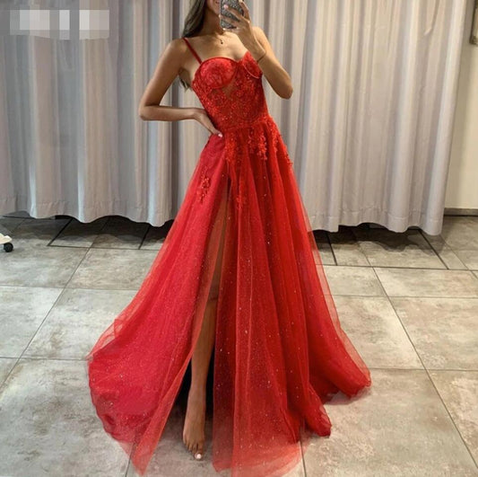 Red Spaghetti Strap Sweetheart Shiny Evening Dresses High Split Long Party Prom Gowns Lace Appliques Vestidos De Fiesta