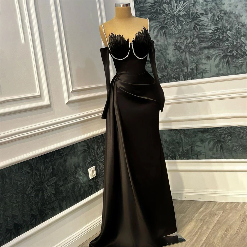 Black Spaghetti Strap Evening Dresses for Women Sweetheart Full Sleeve Prom Dresses Floor Length Feathers Mermaid فستان سهرة