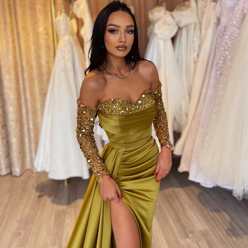 Formal Prom Dresses Mermaid Beadings Side Slit Evening Dress Off The Shoulder Night Cocktail Party Gowns Custom Size