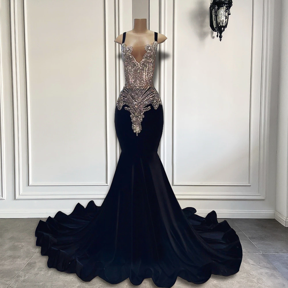 Luxury Long Prom Dresses Sexy Mermaid Style Sparkly Silver Diamond Crystals Black Girl Velvet Prom Party Gowns