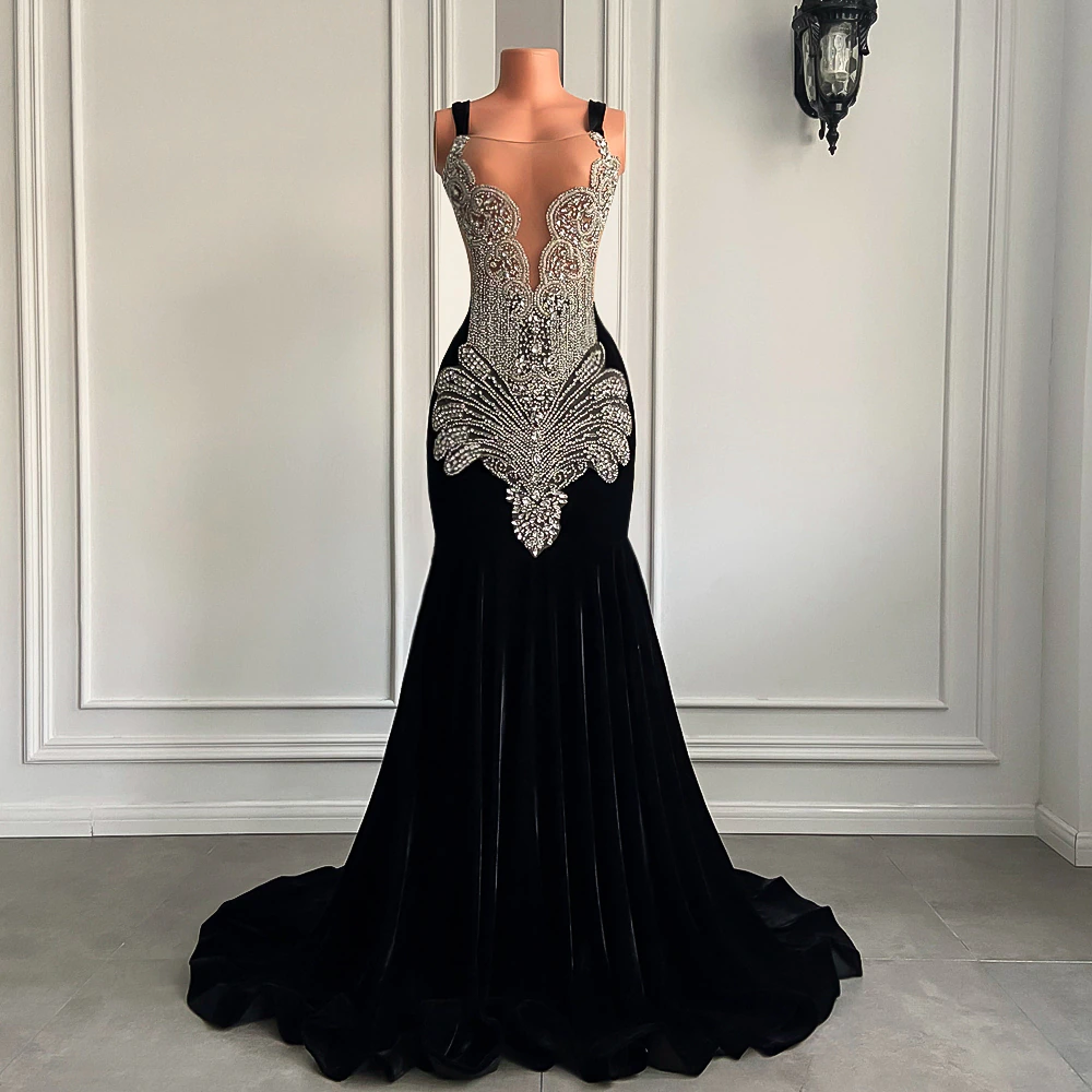 Luxury Long Prom Dresses Sexy Mermaid Style Sparkly Silver Diamond Crystals Black Girl Velvet Prom Party Gowns