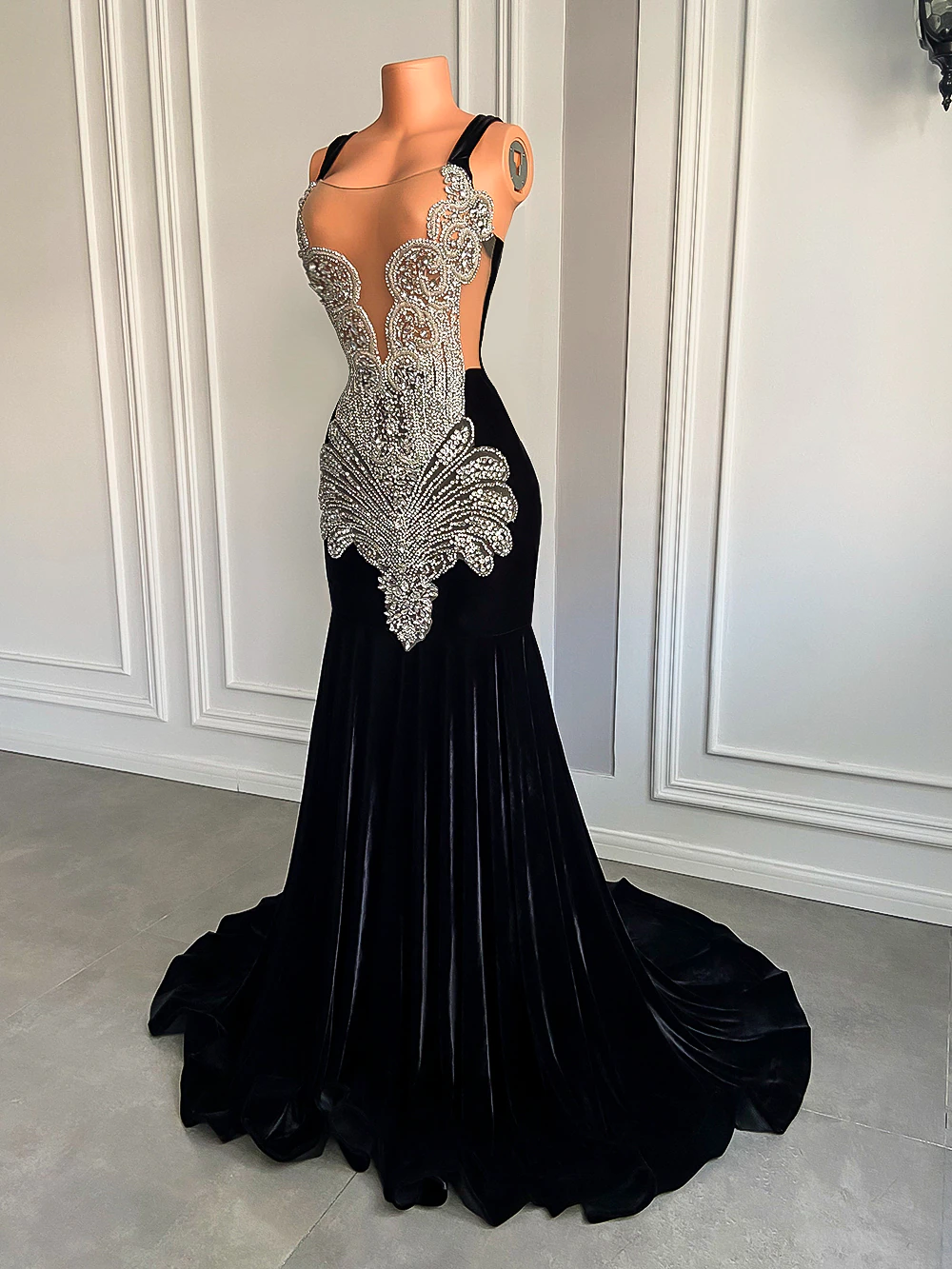 Luxury Long Prom Dresses Sexy Mermaid Style Sparkly Silver Diamond Crystals Black Girl Velvet Prom Party Gowns