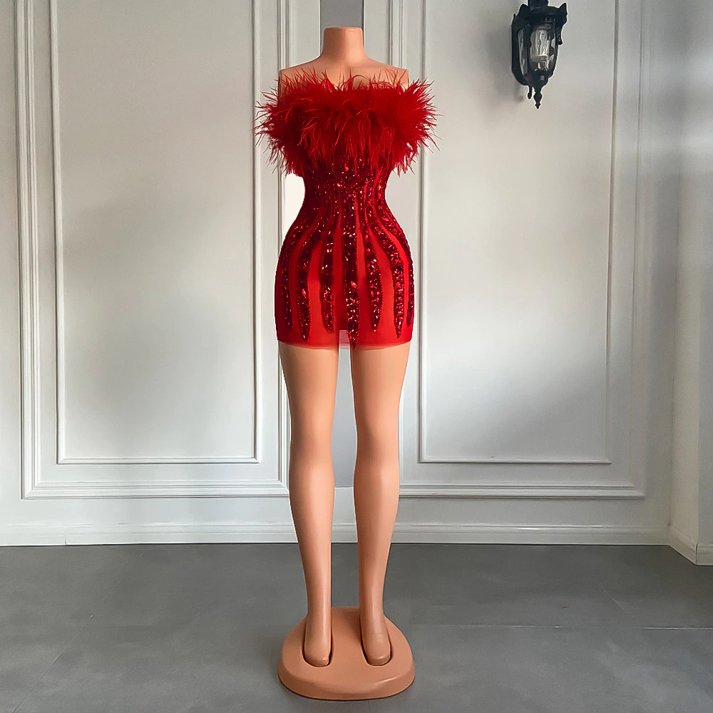 Sexy See Through Handmade Beaded Women Cocktail Gowns Red Feather Black Girls Mini Birthday Party Short Prom Dresses