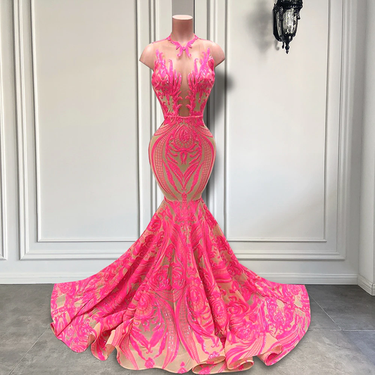 Hot Pink Long Prom Dresses Sexy Sheer O-neck Sleeveless Sparkly Sequin Black Girl Prom Party Gowns