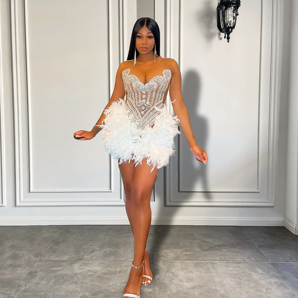 See Through African Women Cocktail Brithday Gowns Sheer Sexy Luxury Silver Diamond White Feather Black Girl Short Prom Dresses