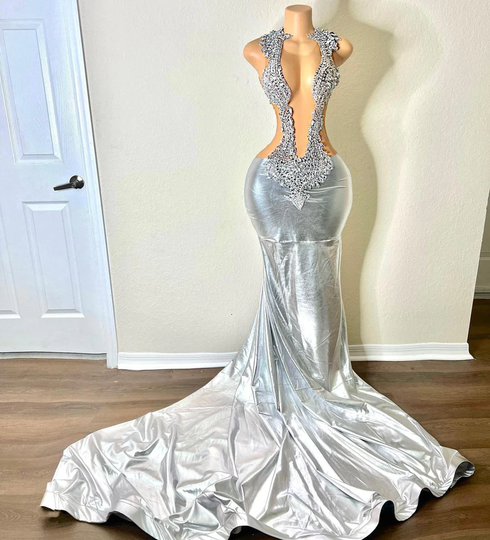 Sparkly Long Prom Dresses Fitted Sexy Mermaid Style Sheer Mesh Luxury Beaded Silver Leather Black Girl Prom Formal Gowns