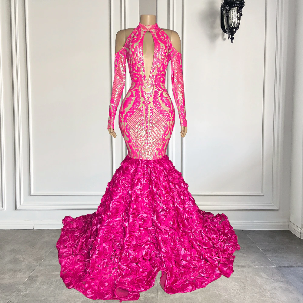 Real Off The Shoulder High Neck Hot Pink 3D Flowers African Black Girls Mermad Long Prom Dresses