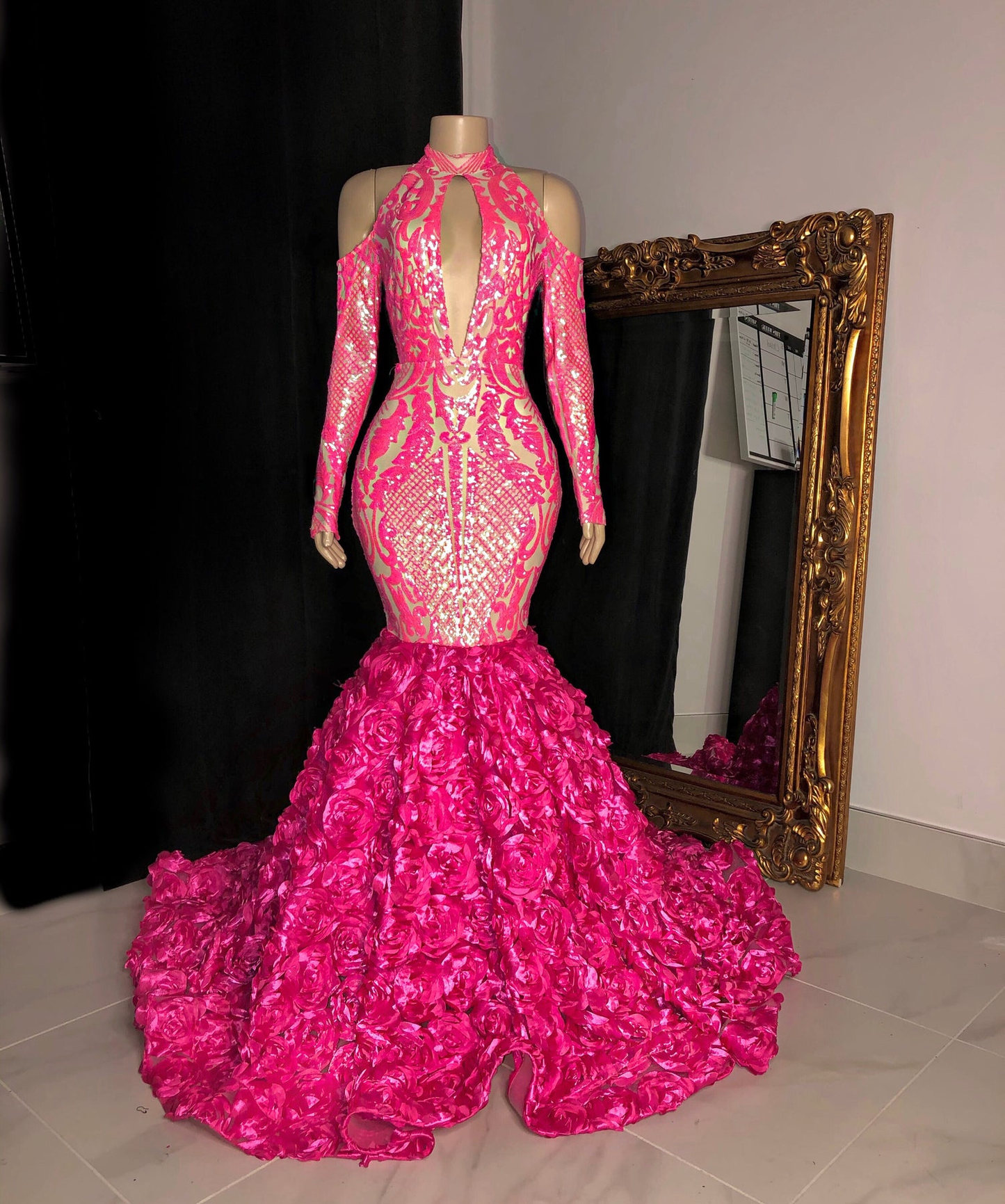 Real Off The Shoulder High Neck Hot Pink 3D Flowers African Black Girls Mermad Long Prom Dresses