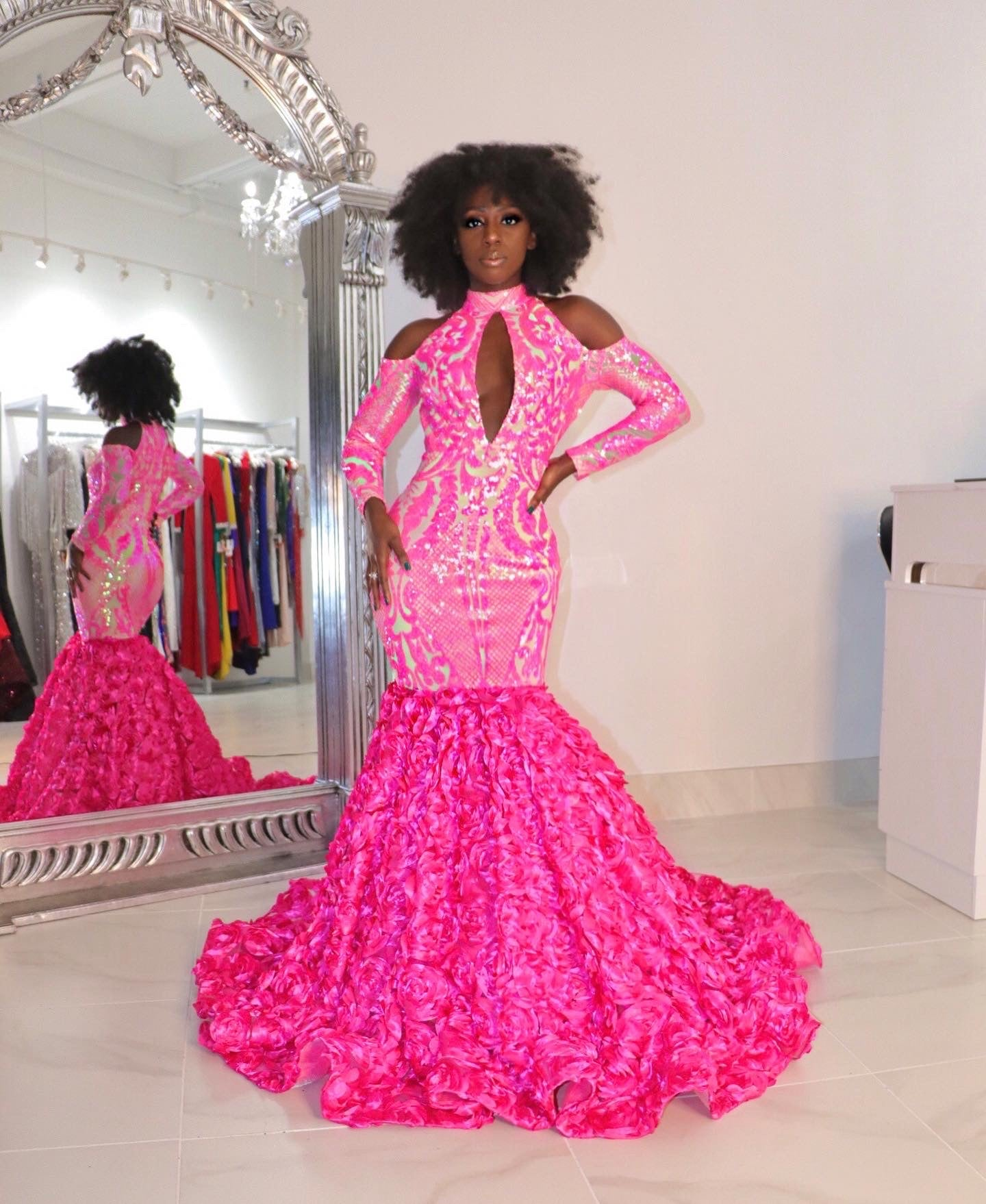 Real Off The Shoulder High Neck Hot Pink 3D Flowers African Black Girls Mermad Long Prom Dresses