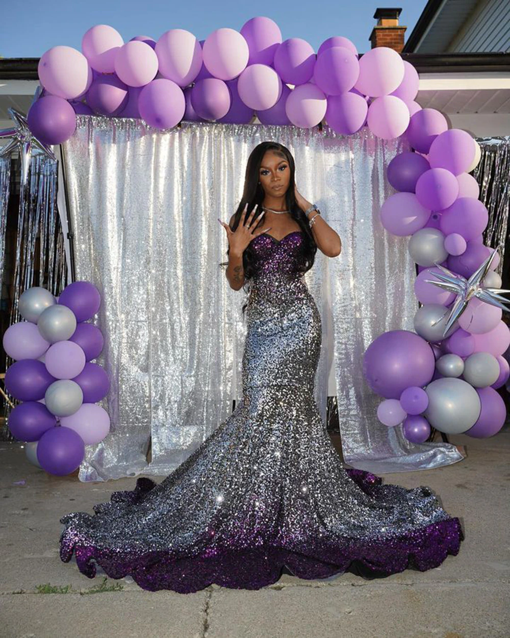 Long Sparkly Prom Dresses Gorgeous Sweetheart Sexy Mermaid Silver and Purple Sequin Black Girls Prom Party Gowns