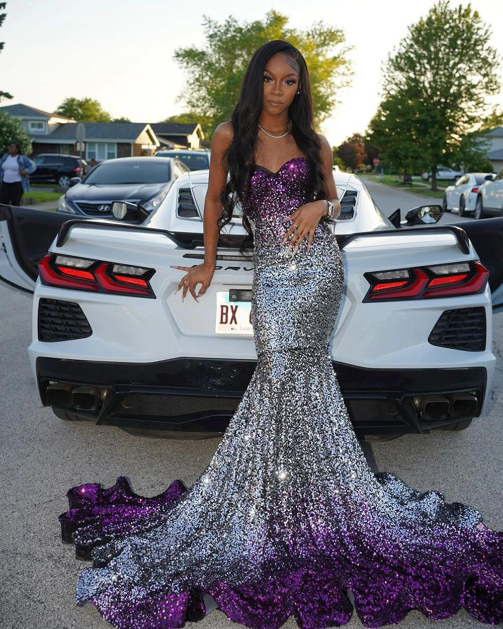 Long Sparkly Prom Dresses Gorgeous Sweetheart Sexy Mermaid Silver and Purple Sequin Black Girls Prom Party Gowns